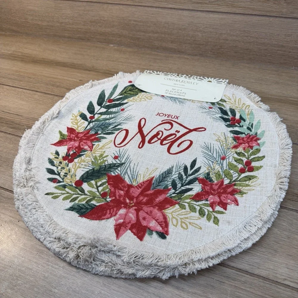 Cynthia Rowley Christmas Noel Poinsettia Placemats Set Of 4 Holly Berry Shimmery
